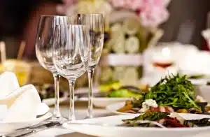 wine glasses and champagne flutes at a table